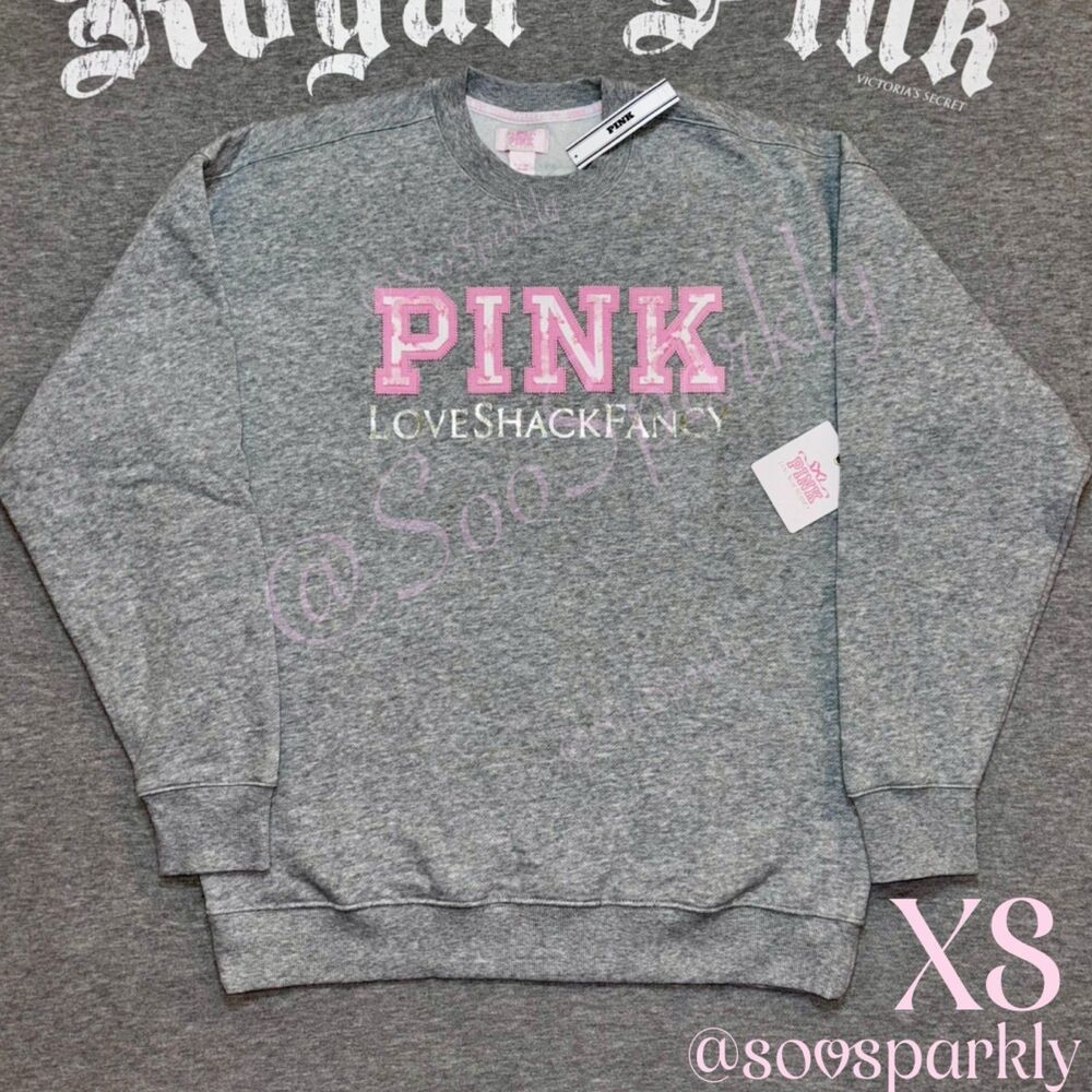 VS PINK x LoveShackFancy Medium Heather Gray Crewneck Pullover Sweatshirt XS